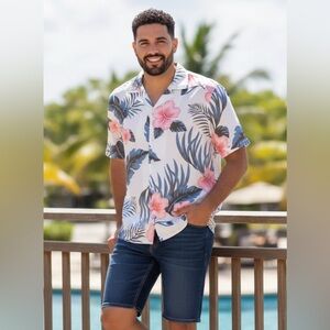 🆕 Mens White Tropical Floral Print Short Sleeve Shirt